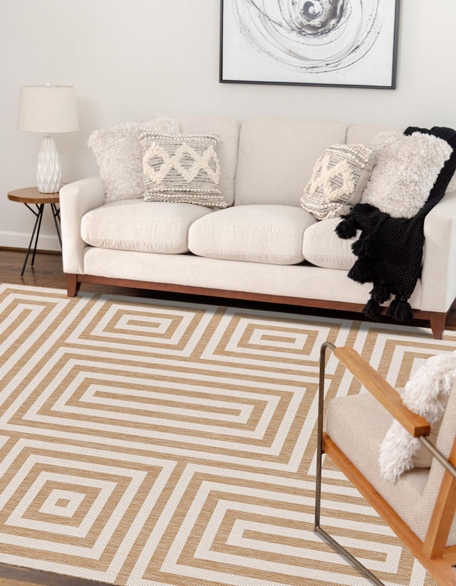 Taupe 5' 3 x 8' Outdoor Modern Rectangle Area Rug Weather Resistant for Patio, Deck, Terrace, Balcony, Porch 100% Polypropylene Modern Outside Carpet for Sale at Rug Engine