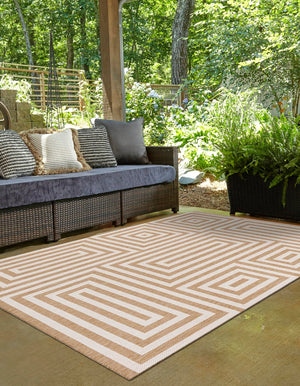 Taupe 9' x 12' Outdoor Modern Rectangle Area Rug Weather Resistant for Patio, Deck, Terrace, Balcony, Porch 100% Polypropylene Modern Outside Carpet for Sale at Rug Engine