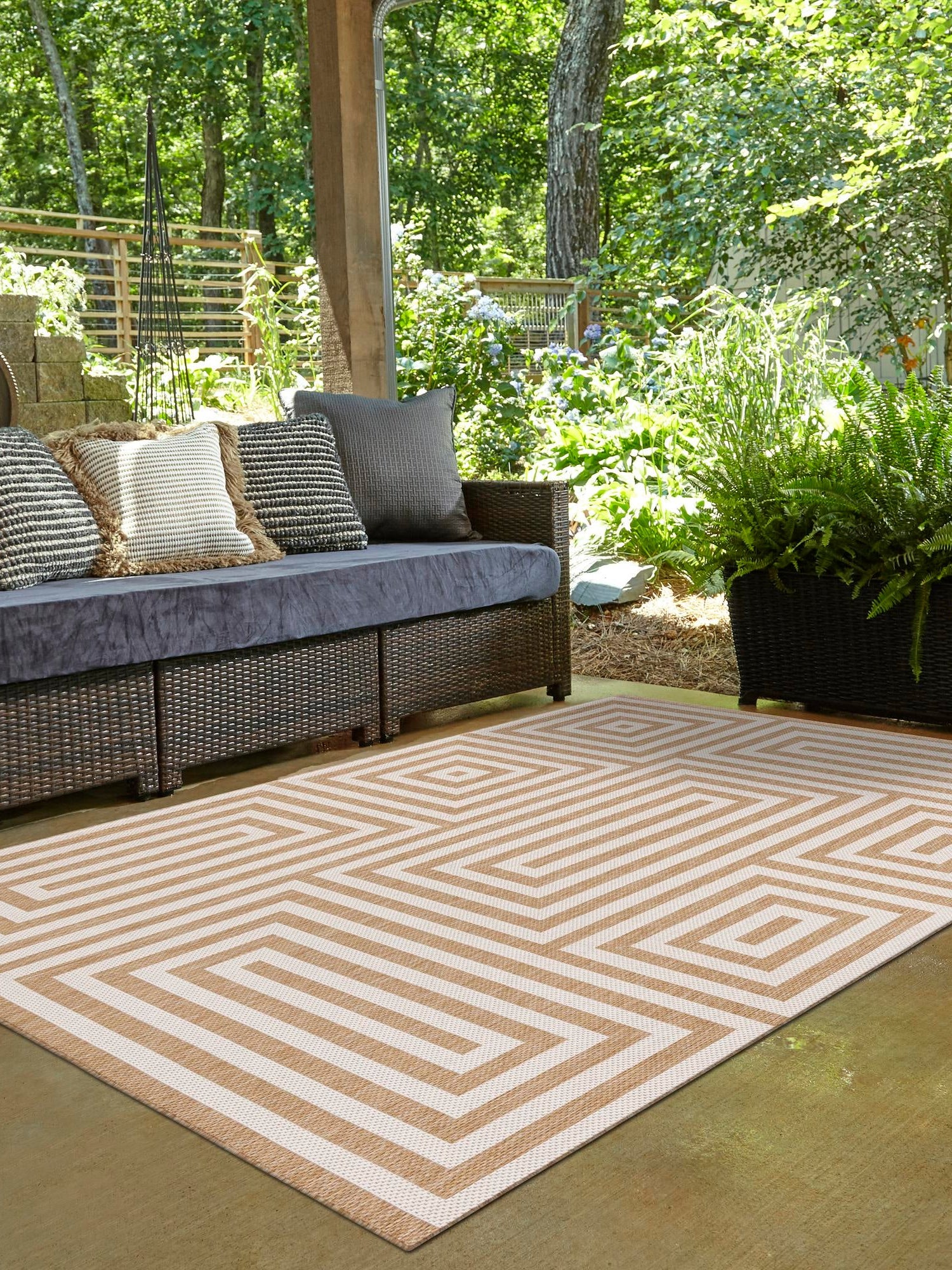Taupe 6' 1 x 9' Outdoor Modern Rectangle Area Rug Weather Resistant for Patio, Deck, Terrace, Balcony, Porch 100% Polypropylene Modern Outside Carpet for Sale at Rug Engine