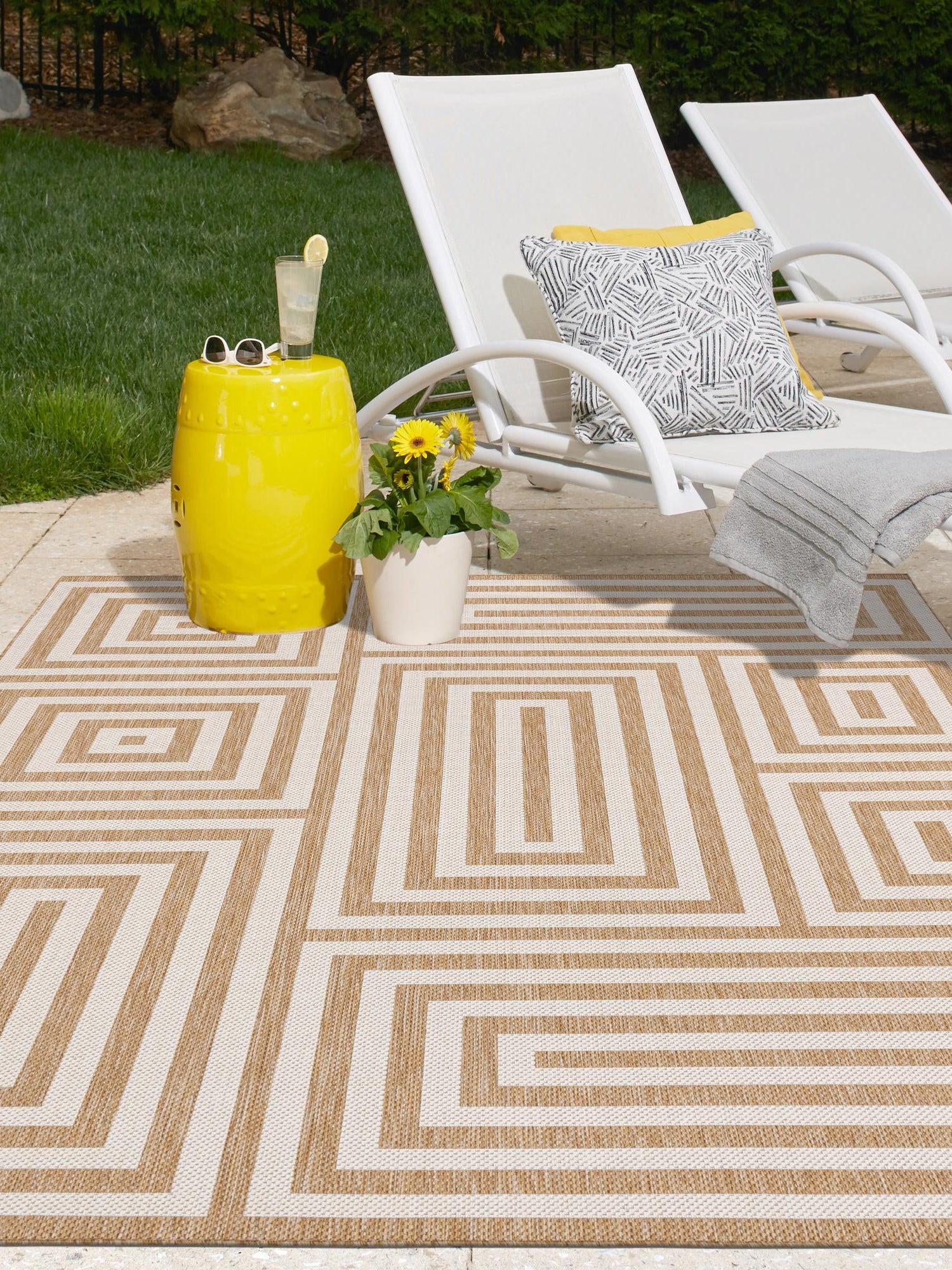 Taupe 9' x 12' Outdoor Modern Rectangle Area Rug Weather Resistant for Patio, Deck, Terrace, Balcony, Porch 100% Polypropylene Modern Outside Carpet for Sale at Rug Engine