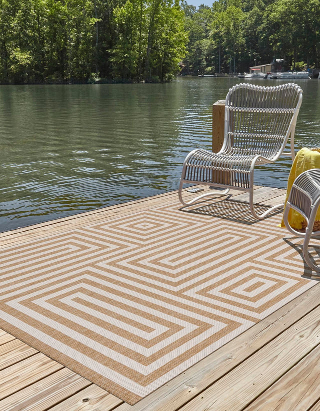 Taupe 9' x 12' Outdoor Modern Rectangle Area Rug Weather Resistant for Patio, Deck, Terrace, Balcony, Porch 100% Polypropylene Modern Outside Carpet for Sale at Rug Engine