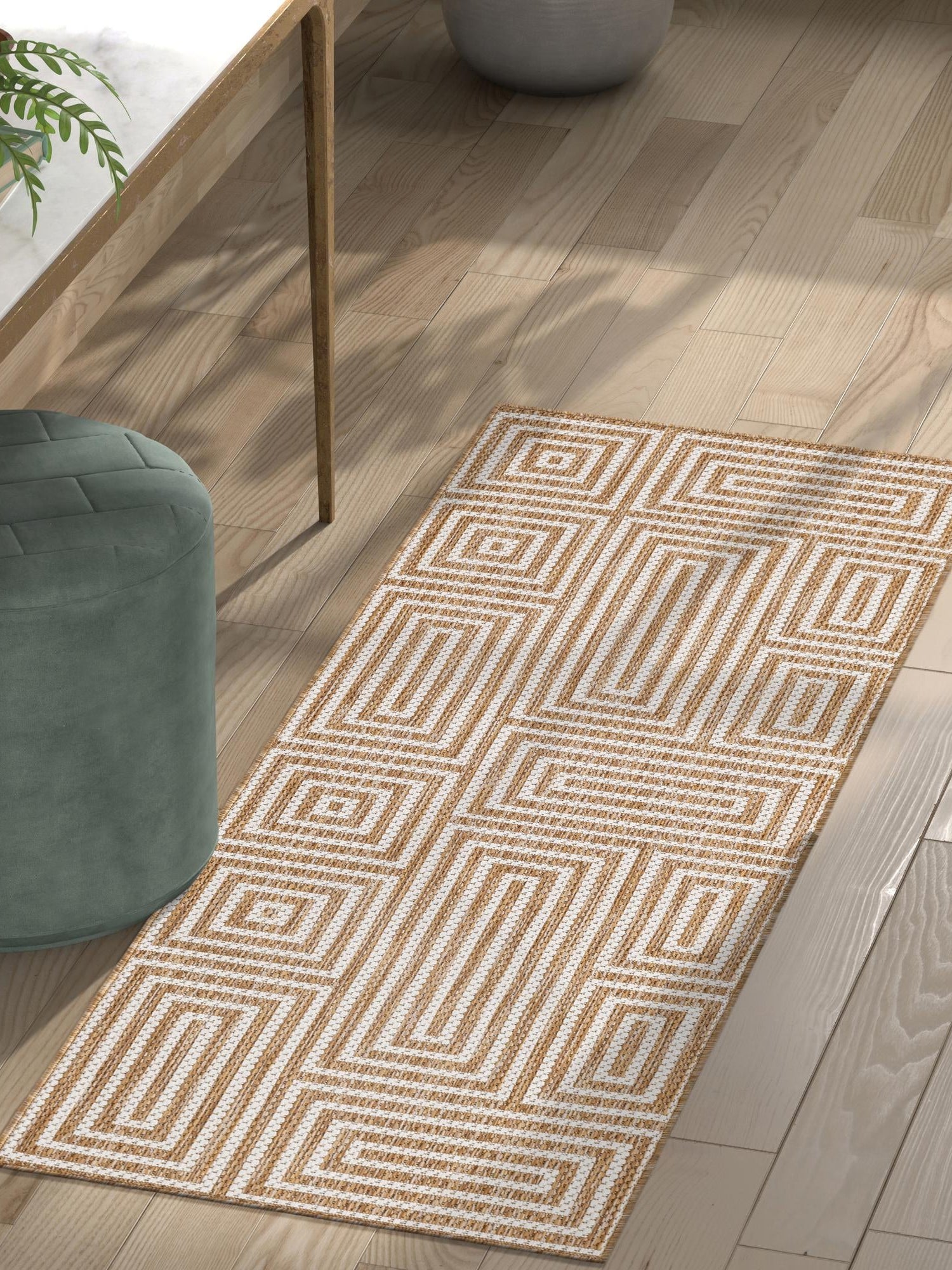 Taupe 2' x 4' 1 Outdoor Modern Runner Area Rug Weather Resistant for Patio, Deck, Terrace, Balcony, Porch 100% Polypropylene Modern Outside Carpet for Sale at Rug Engine