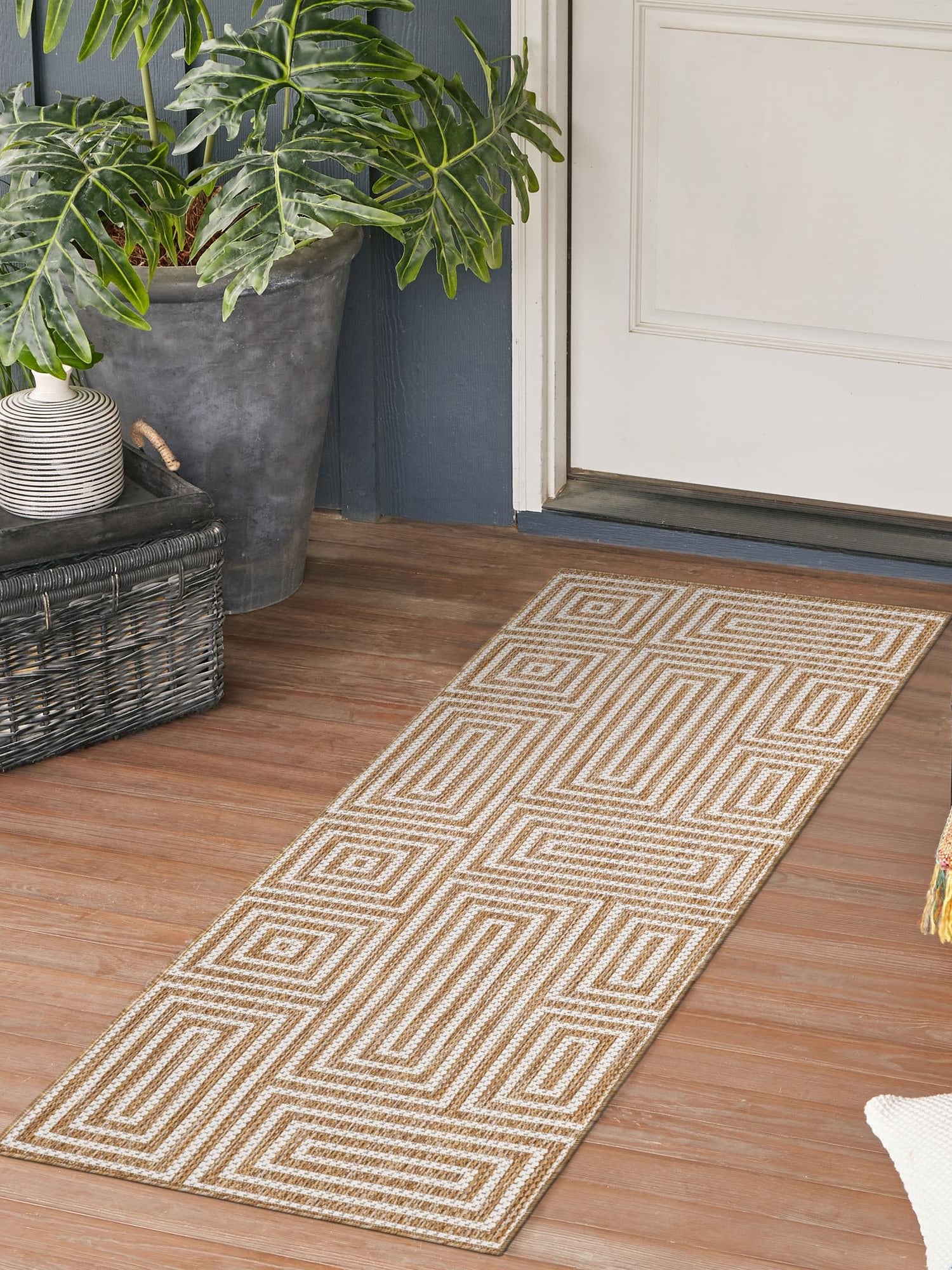 Taupe 2' x 5' 3 Outdoor Modern Runner Area Rug Weather Resistant for Patio, Deck, Terrace, Balcony, Porch 100% Polypropylene Modern Outside Carpet for Sale at Rug Engine