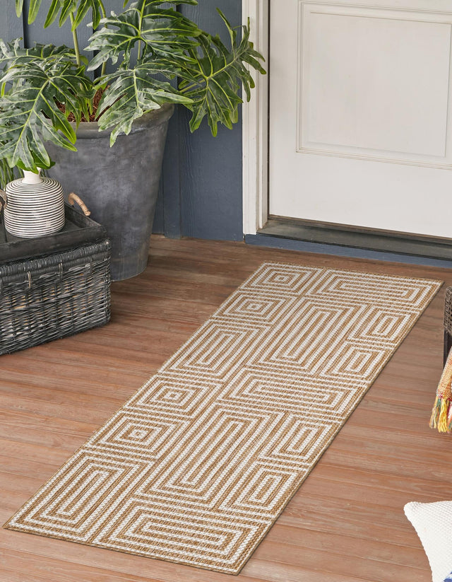 Taupe 2' x 5' 3 Outdoor Modern Runner Area Rug Weather Resistant for Patio, Deck, Terrace, Balcony, Porch 100% Polypropylene Modern Outside Carpet for Sale at Rug Engine