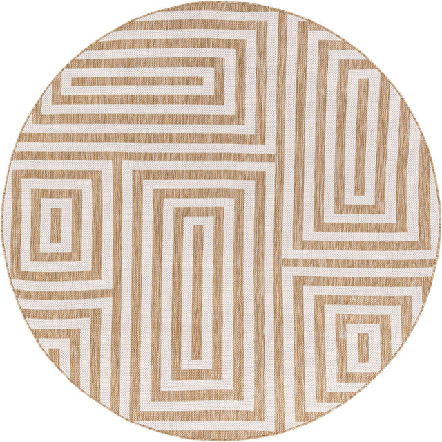 Taupe 7' 10 x 7' 10 Outdoor Modern Round Area Rug Weather Resistant for Patio, Deck, Terrace, Balcony, Porch 100% Polypropylene Modern Outside Carpet for Sale at Rug Engine