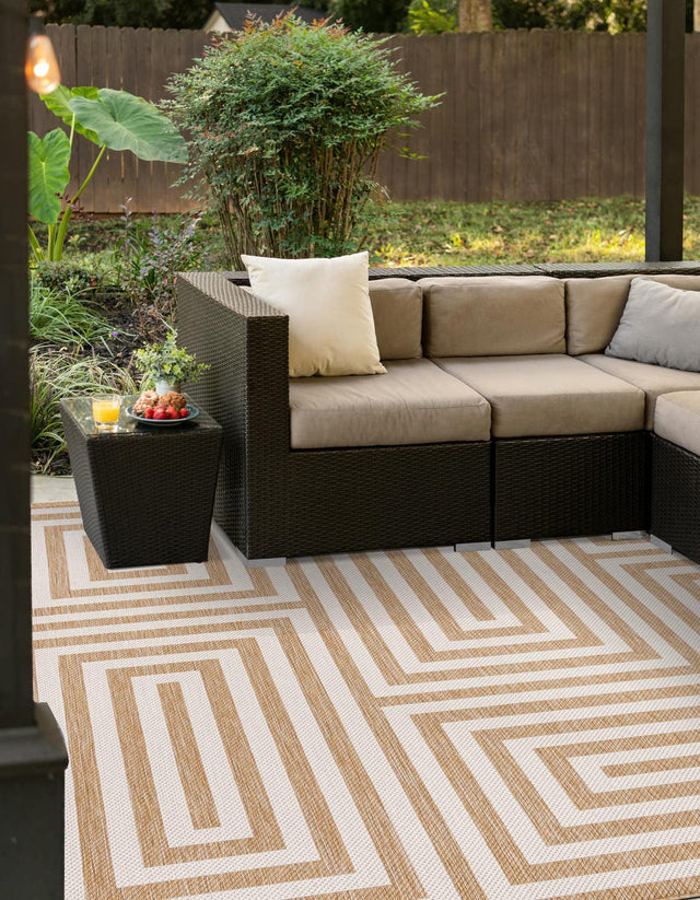 Taupe 7' 10 x 7' 10 Outdoor Modern Square Area Rug Weather Resistant for Patio, Deck, Terrace, Balcony, Porch 100% Polypropylene Modern Outside Carpet for Sale at Rug Engine