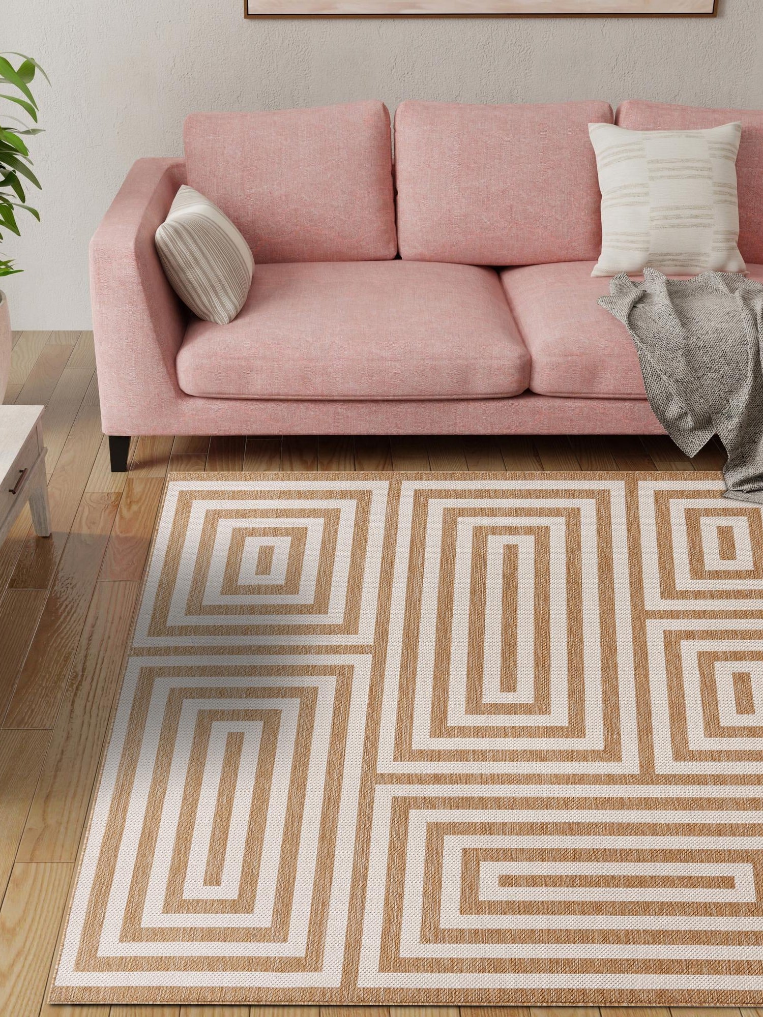 Taupe 7' 10 x 7' 10 Outdoor Modern Square Area Rug Weather Resistant for Patio, Deck, Terrace, Balcony, Porch 100% Polypropylene Modern Outside Carpet for Sale at Rug Engine