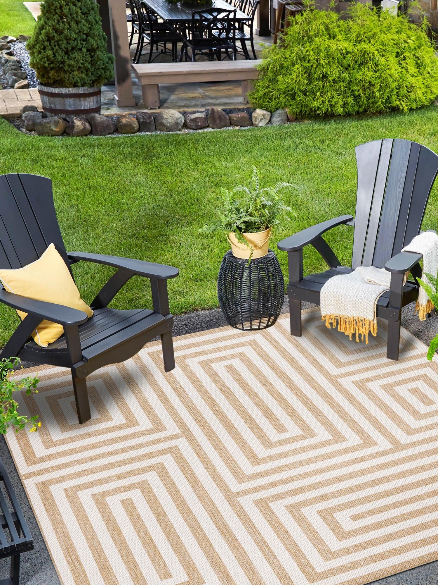 Taupe 7' 10 x 7' 10 Outdoor Modern Square Area Rug Weather Resistant for Patio, Deck, Terrace, Balcony, Porch 100% Polypropylene Modern Outside Carpet for Sale at Rug Engine