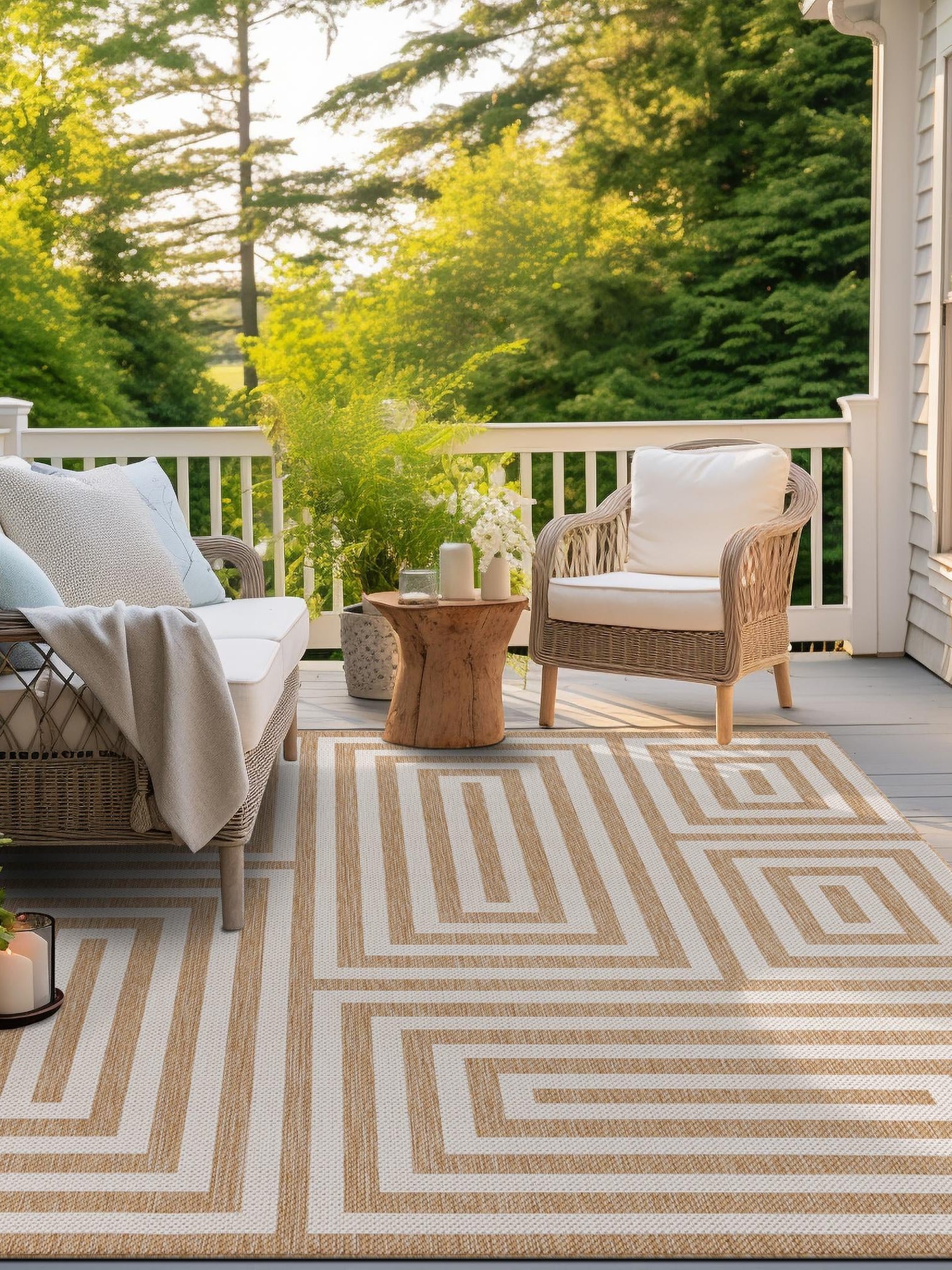 Taupe 7' 10 x 7' 10 Outdoor Modern Square Area Rug Weather Resistant for Patio, Deck, Terrace, Balcony, Porch 100% Polypropylene Modern Outside Carpet for Sale at Rug Engine