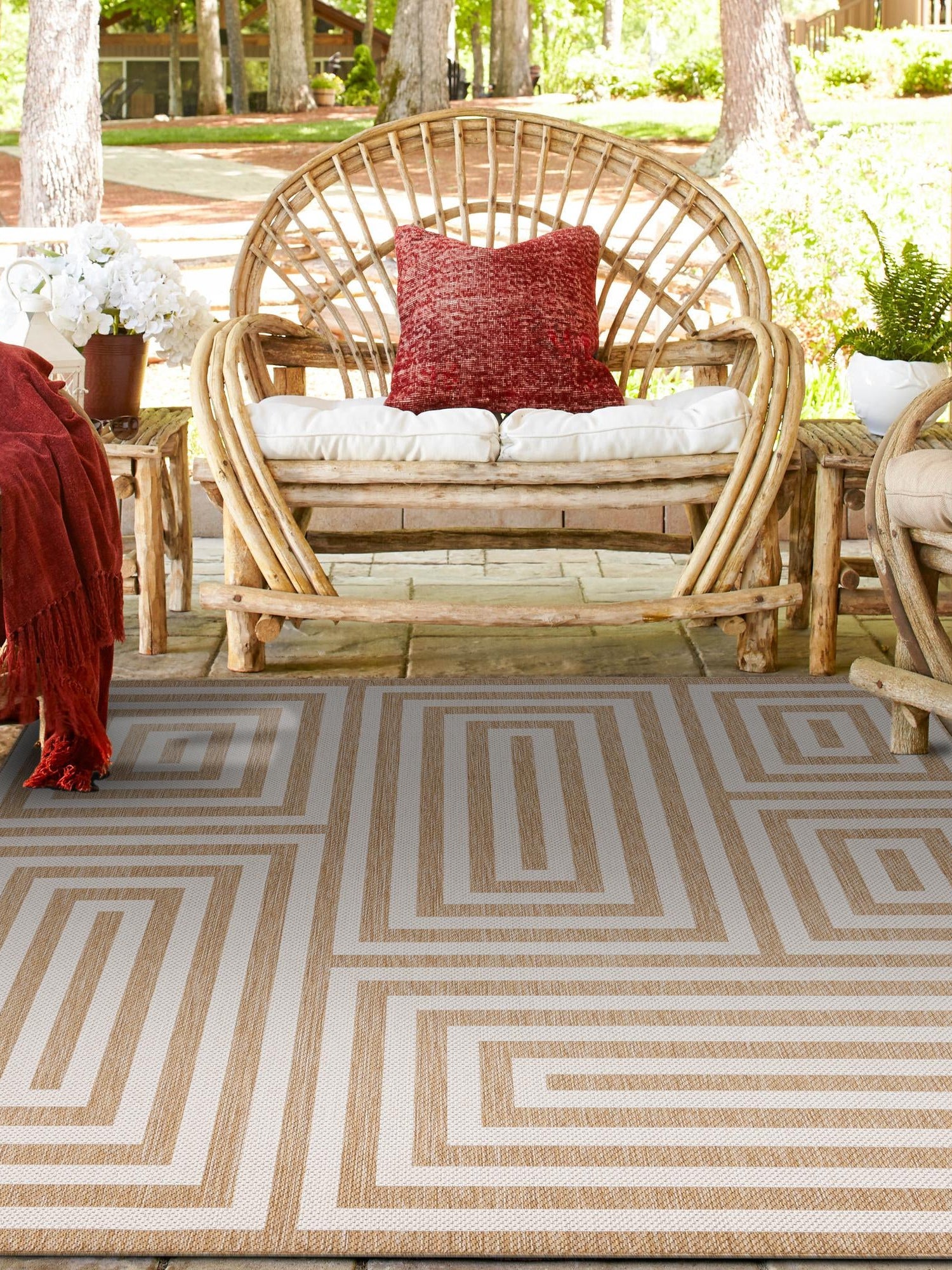 Taupe 7' 10 x 7' 10 Outdoor Modern Square Area Rug Weather Resistant for Patio, Deck, Terrace, Balcony, Porch 100% Polypropylene Modern Outside Carpet for Sale at Rug Engine