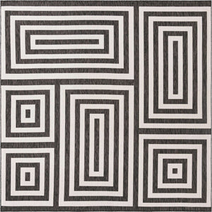Black and White 10' x 10' Outdoor Modern Square Area Rug Weather Resistant for Patio, Deck, Terrace, Balcony, Porch 100% Polypropylene Modern Outside Carpet for Sale at Rug Engine