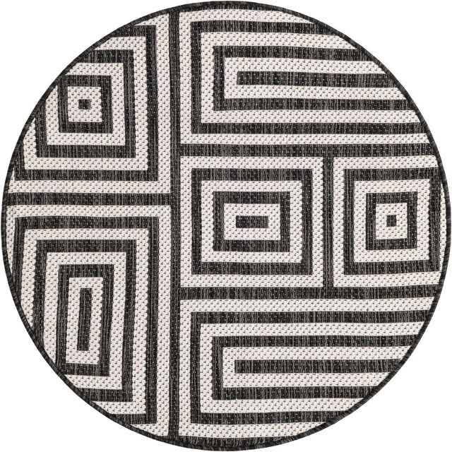 Black and White 3' 1 x 3' 1 Outdoor Modern Round Area Rug Weather Resistant for Patio, Deck, Terrace, Balcony, Porch 100% Polypropylene Modern Outside Carpet for Sale at Rug Engine