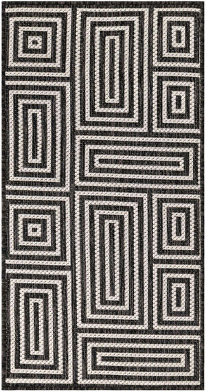Black and White 2' x 4' 1 Outdoor Modern Runner Area Rug Weather Resistant for Patio, Deck, Terrace, Balcony, Porch 100% Polypropylene Modern Outside Carpet for Sale at Rug Engine