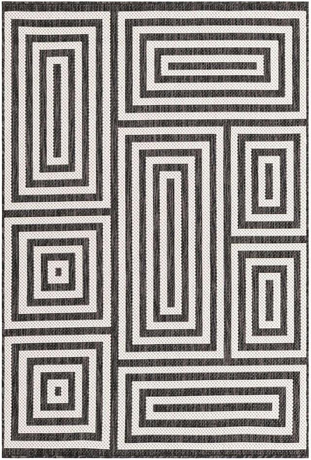 Black and White 4' 1 x 6' 1 Outdoor Modern Rectangle Area Rug Weather Resistant for Patio, Deck, Terrace, Balcony, Porch 100% Polypropylene Modern Outside Carpet for Sale at Rug Engine