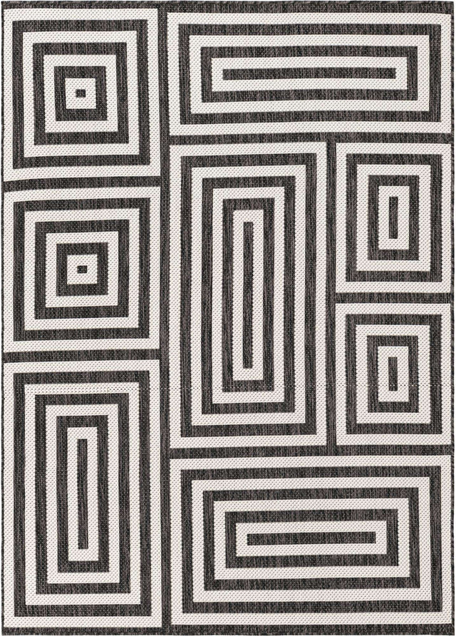 Black and White 5' 3 x 7' 1 Outdoor Modern Rectangle Area Rug Weather Resistant for Patio, Deck, Terrace, Balcony, Porch 100% Polypropylene Modern Outside Carpet for Sale at Rug Engine