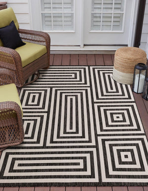 Black and White 9' x 12' Outdoor Modern Rectangle Area Rug Weather Resistant for Patio, Deck, Terrace, Balcony, Porch 100% Polypropylene Modern Outside Carpet for Sale at Rug Engine