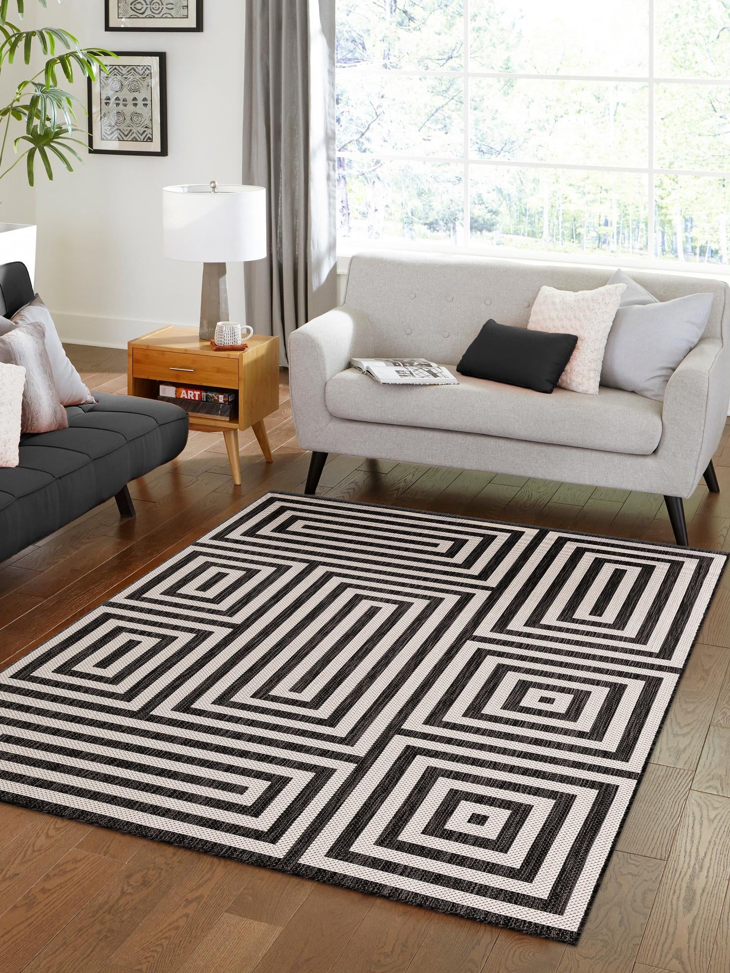 Black and White 9' x 12' Outdoor Modern Rectangle Area Rug Weather Resistant for Patio, Deck, Terrace, Balcony, Porch 100% Polypropylene Modern Outside Carpet for Sale at Rug Engine