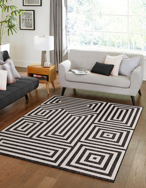 Black and White 9' x 12' Outdoor Modern Rectangle Area Rug Weather Resistant for Patio, Deck, Terrace, Balcony, Porch 100% Polypropylene Modern Outside Carpet for Sale at Rug Engine