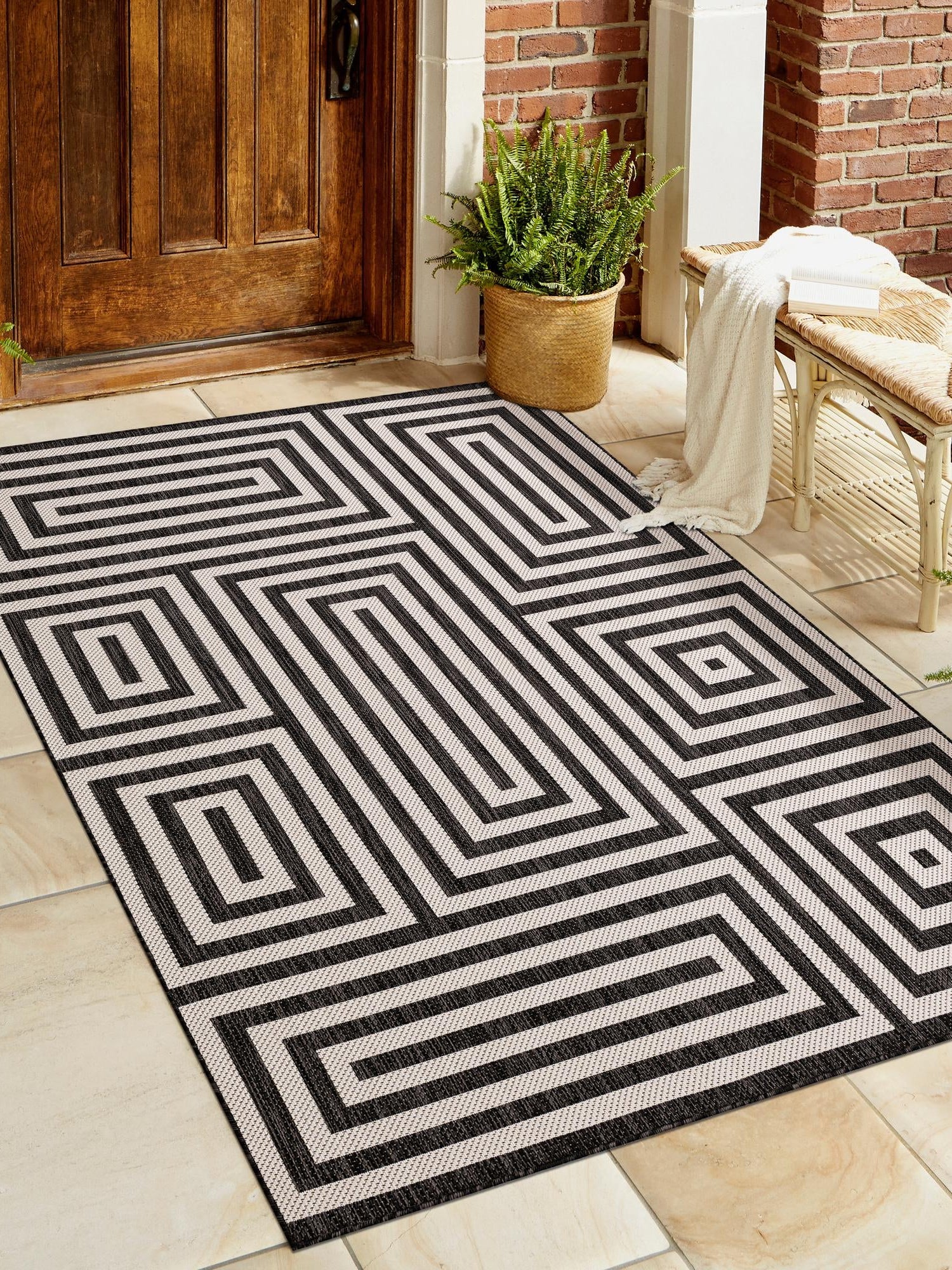 Black and White 4' 1 x 6' 1 Outdoor Modern Rectangle Area Rug Weather Resistant for Patio, Deck, Terrace, Balcony, Porch 100% Polypropylene Modern Outside Carpet for Sale at Rug Engine