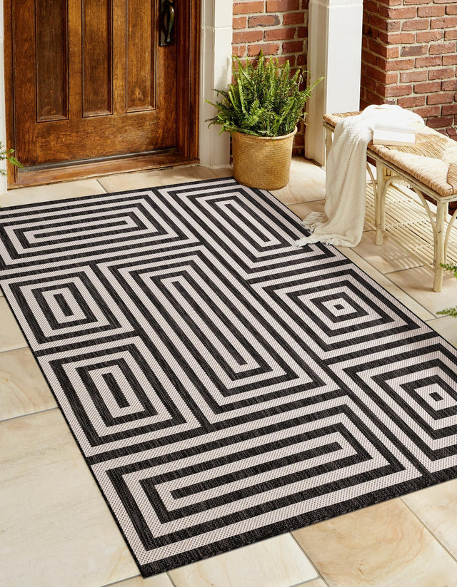 Black and White 6' 1 x 9' Outdoor Modern Rectangle Area Rug Weather Resistant for Patio, Deck, Terrace, Balcony, Porch 100% Polypropylene Modern Outside Carpet for Sale at Rug Engine