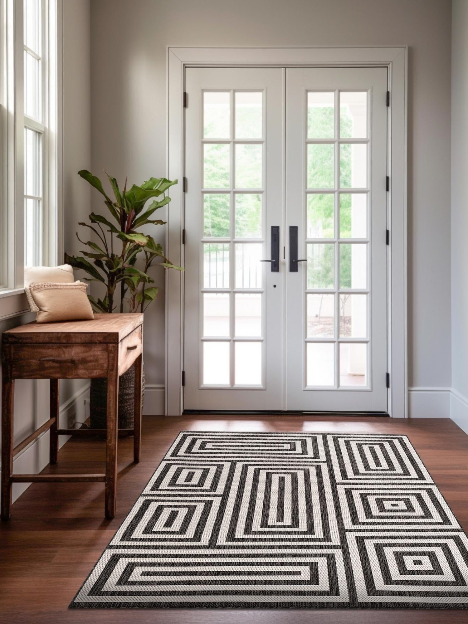 Black and White 4' 1 x 6' 1 Outdoor Modern Rectangle Area Rug Weather Resistant for Patio, Deck, Terrace, Balcony, Porch 100% Polypropylene Modern Outside Carpet for Sale at Rug Engine
