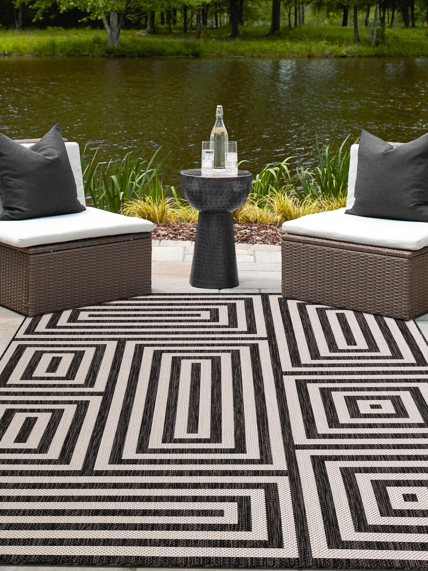 Black and White 5' 3 x 7' 1 Outdoor Modern Rectangle Area Rug Weather Resistant for Patio, Deck, Terrace, Balcony, Porch 100% Polypropylene Modern Outside Carpet for Sale at Rug Engine