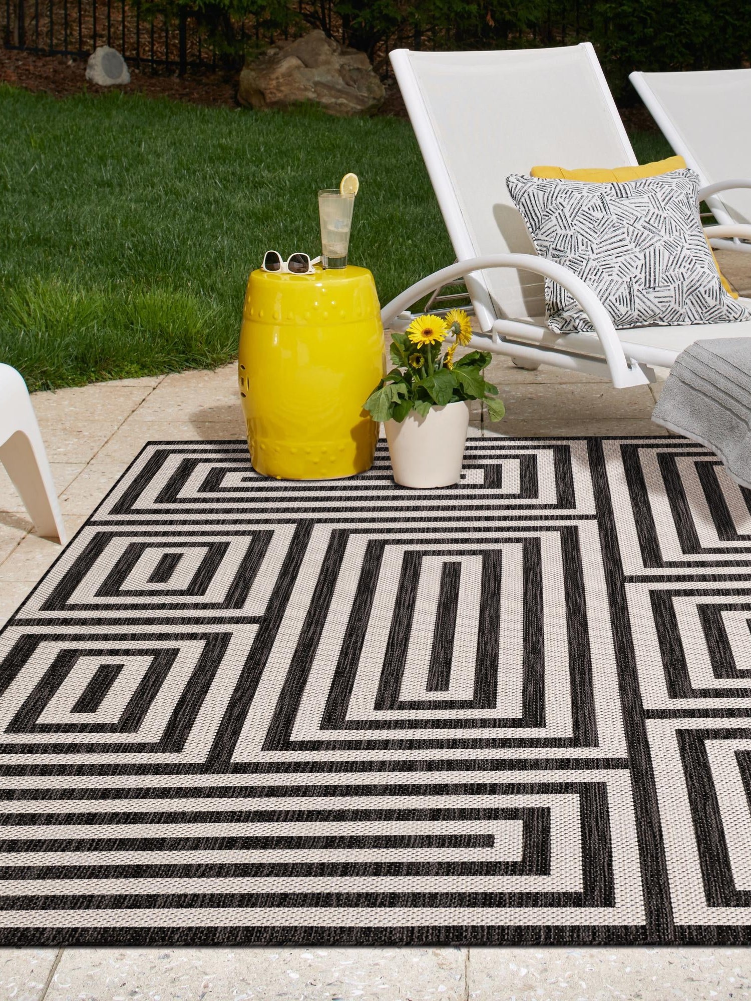 Black and White 7' 10 x 10' Outdoor Modern Rectangle Area Rug Weather Resistant for Patio, Deck, Terrace, Balcony, Porch 100% Polypropylene Modern Outside Carpet for Sale at Rug Engine