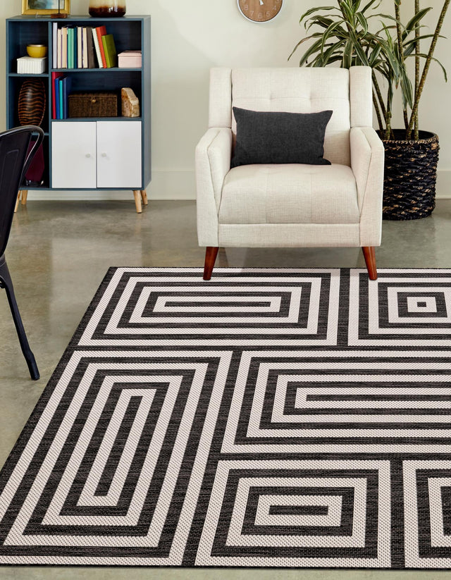 Black and White 9' x 12' Outdoor Modern Rectangle Area Rug Weather Resistant for Patio, Deck, Terrace, Balcony, Porch 100% Polypropylene Modern Outside Carpet for Sale at Rug Engine