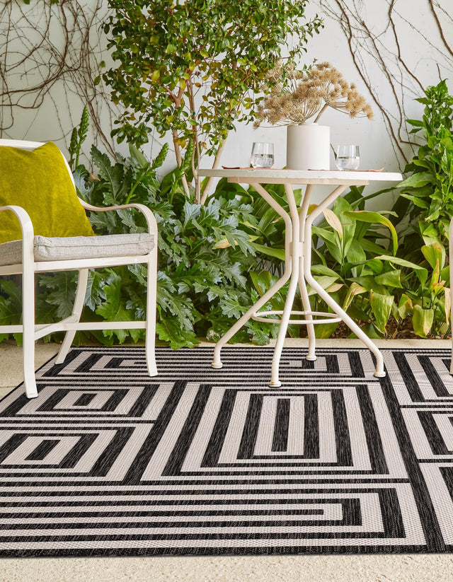 Black and White 5' 3 x 8' Outdoor Modern Rectangle Area Rug Weather Resistant for Patio, Deck, Terrace, Balcony, Porch 100% Polypropylene Modern Outside Carpet for Sale at Rug Engine