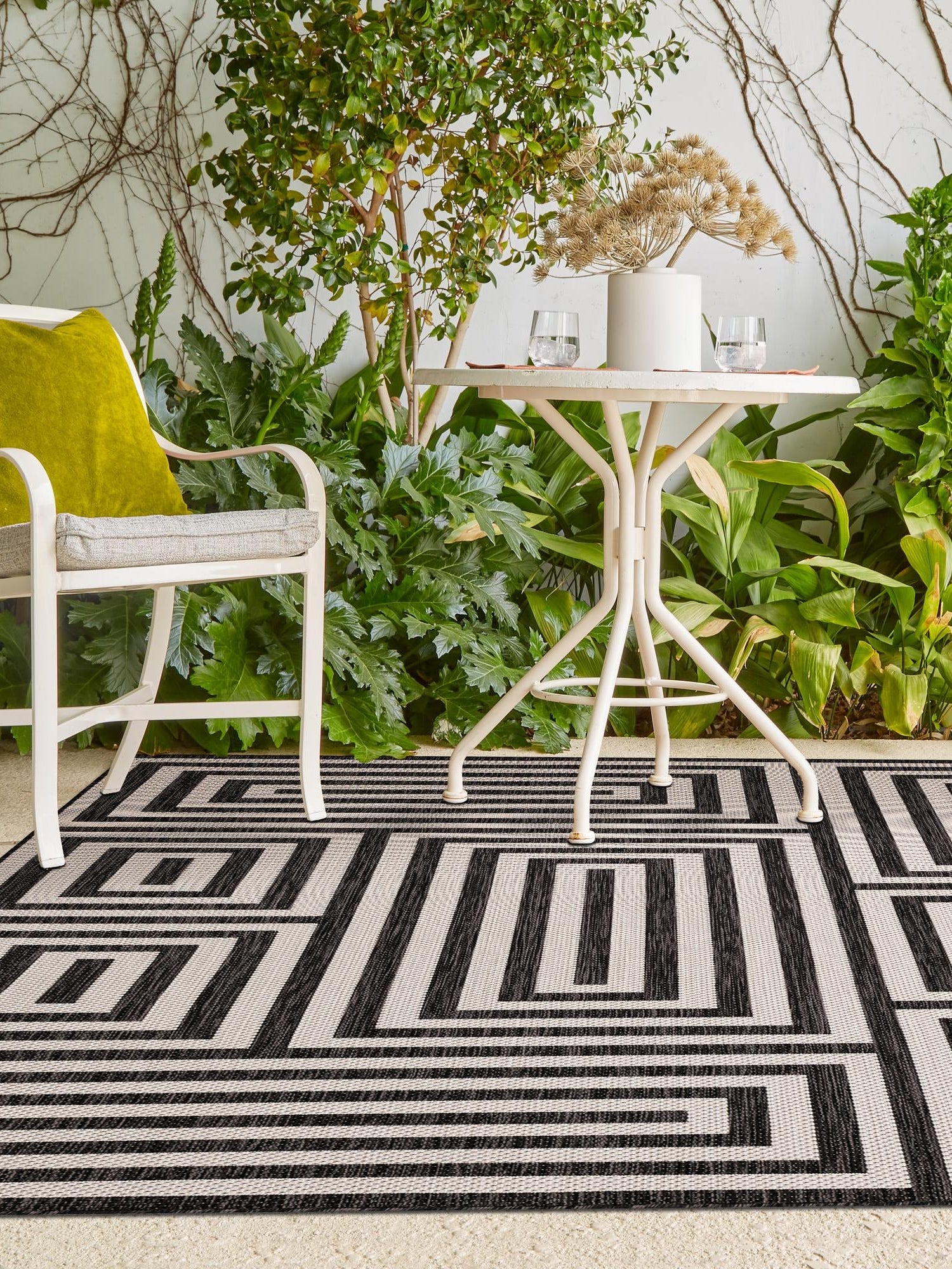 Black and White 9' x 12' Outdoor Modern Rectangle Area Rug Weather Resistant for Patio, Deck, Terrace, Balcony, Porch 100% Polypropylene Modern Outside Carpet for Sale at Rug Engine