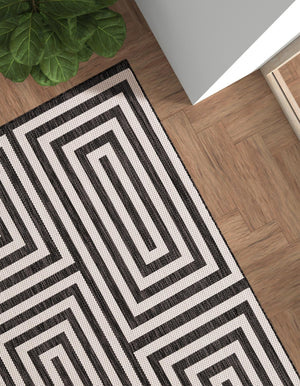 Black and White 9' x 12' Outdoor Modern Rectangle Area Rug Weather Resistant for Patio, Deck, Terrace, Balcony, Porch 100% Polypropylene Modern Outside Carpet for Sale at Rug Engine
