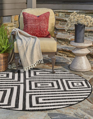 Black and White 3' 1 x 3' 1 Outdoor Modern Round Area Rug Weather Resistant for Patio, Deck, Terrace, Balcony, Porch 100% Polypropylene Modern Outside Carpet for Sale at Rug Engine