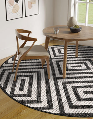 Black and White 10' x 10' Outdoor Modern Round Area Rug Weather Resistant for Patio, Deck, Terrace, Balcony, Porch 100% Polypropylene Modern Outside Carpet for Sale at Rug Engine
