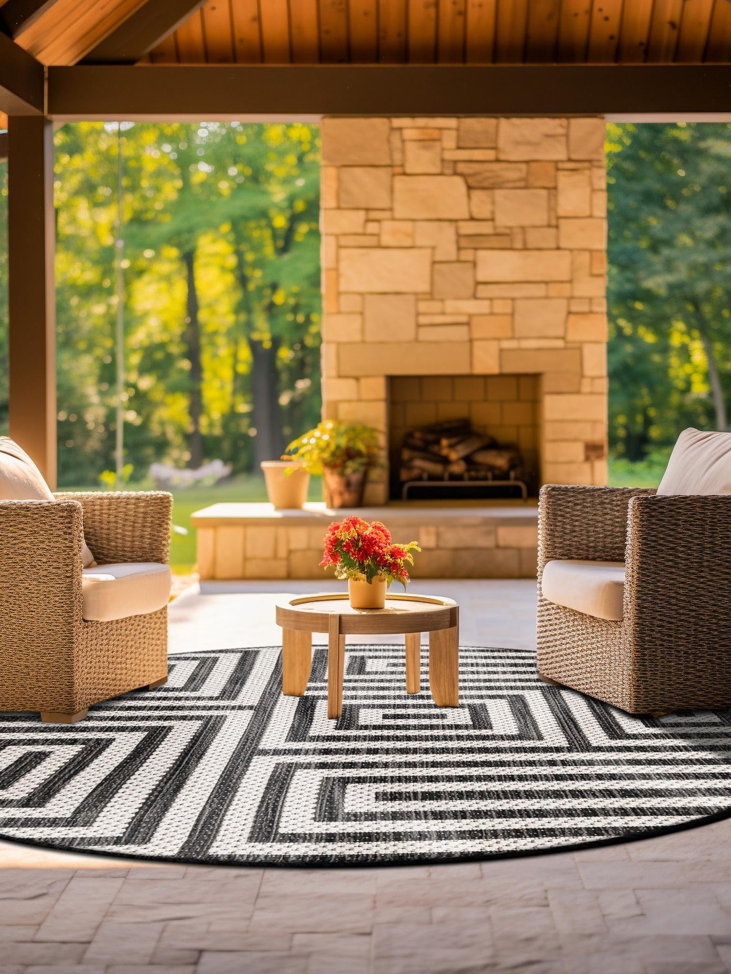 Black and White 7' 10 x 7' 10 Outdoor Modern Round Area Rug Weather Resistant for Patio, Deck, Terrace, Balcony, Porch 100% Polypropylene Modern Outside Carpet for Sale at Rug Engine