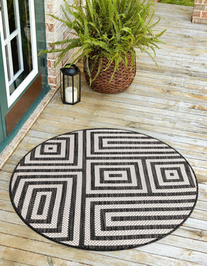 Black and White 3' 1 x 3' 1 Outdoor Modern Round Area Rug Weather Resistant for Patio, Deck, Terrace, Balcony, Porch 100% Polypropylene Modern Outside Carpet for Sale at Rug Engine