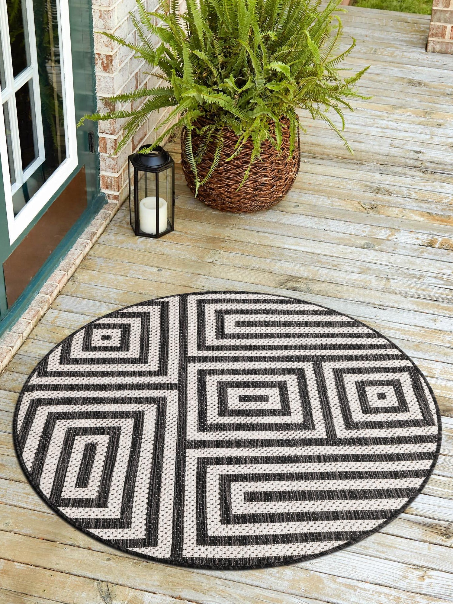 Black and White 10' x 10' Outdoor Modern Round Area Rug Weather Resistant for Patio, Deck, Terrace, Balcony, Porch 100% Polypropylene Modern Outside Carpet for Sale at Rug Engine