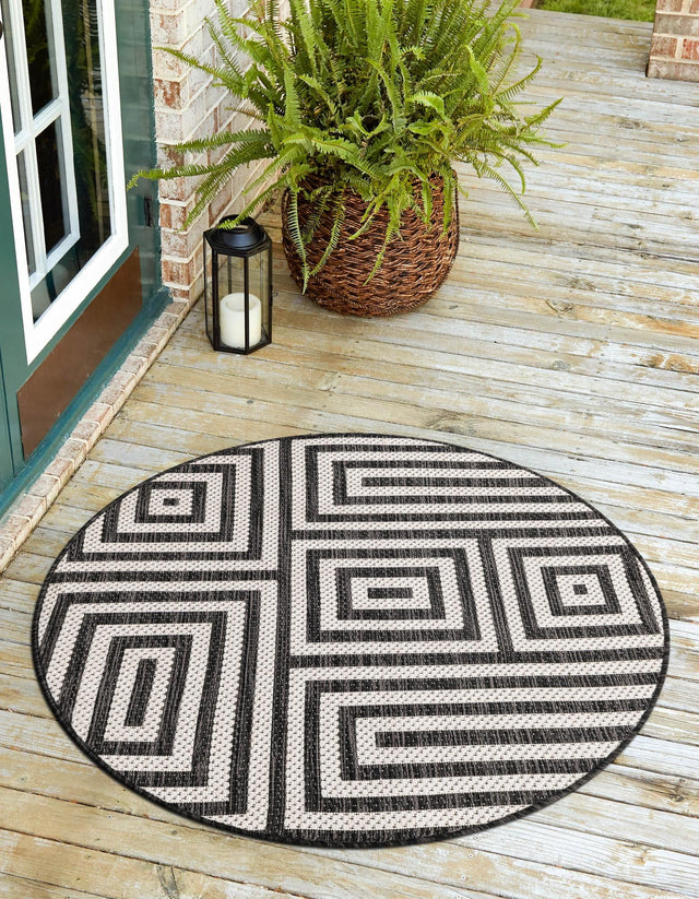 Black and White 10' x 10' Outdoor Modern Round Area Rug Weather Resistant for Patio, Deck, Terrace, Balcony, Porch 100% Polypropylene Modern Outside Carpet for Sale at Rug Engine