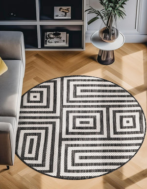 Black and White 6' 1 x 6' 1 Outdoor Modern Round Area Rug Weather Resistant for Patio, Deck, Terrace, Balcony, Porch 100% Polypropylene Modern Outside Carpet for Sale at Rug Engine