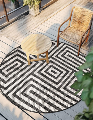 Black and White 12' x 12' Outdoor Modern Round Area Rug Weather Resistant for Patio, Deck, Terrace, Balcony, Porch 100% Polypropylene Modern Outside Carpet for Sale at Rug Engine