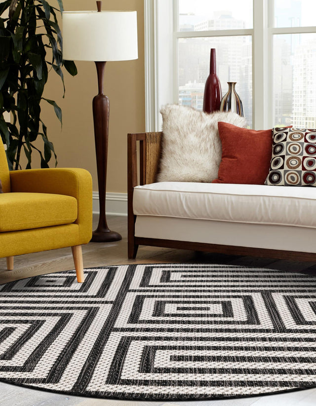 Black and White 6' 1 x 6' 1 Outdoor Modern Round Area Rug Weather Resistant for Patio, Deck, Terrace, Balcony, Porch 100% Polypropylene Modern Outside Carpet for Sale at Rug Engine
