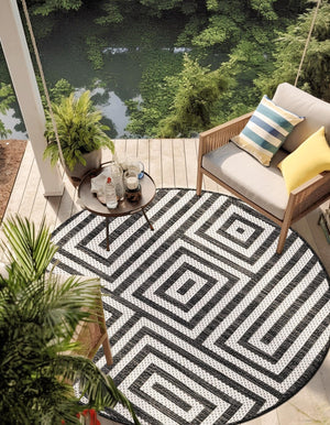 Black and White 6' 1 x 6' 1 Outdoor Modern Round Area Rug Weather Resistant for Patio, Deck, Terrace, Balcony, Porch 100% Polypropylene Modern Outside Carpet for Sale at Rug Engine