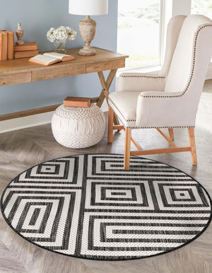 Black and White 6' 1 x 6' 1 Outdoor Modern Round Area Rug Weather Resistant for Patio, Deck, Terrace, Balcony, Porch 100% Polypropylene Modern Outside Carpet for Sale at Rug Engine