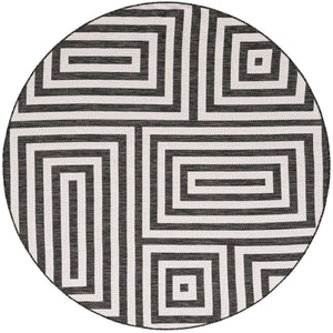 Black and White 6' 1 x 6' 1 Outdoor Modern Round Area Rug Weather Resistant for Patio, Deck, Terrace, Balcony, Porch 100% Polypropylene Modern Outside Carpet for Sale at Rug Engine
