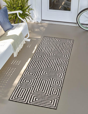 Black and White 2' x 8' Outdoor Modern Runner Area Rug Weather Resistant for Patio, Deck, Terrace, Balcony, Porch 100% Polypropylene Modern Outside Carpet for Sale at Rug Engine
