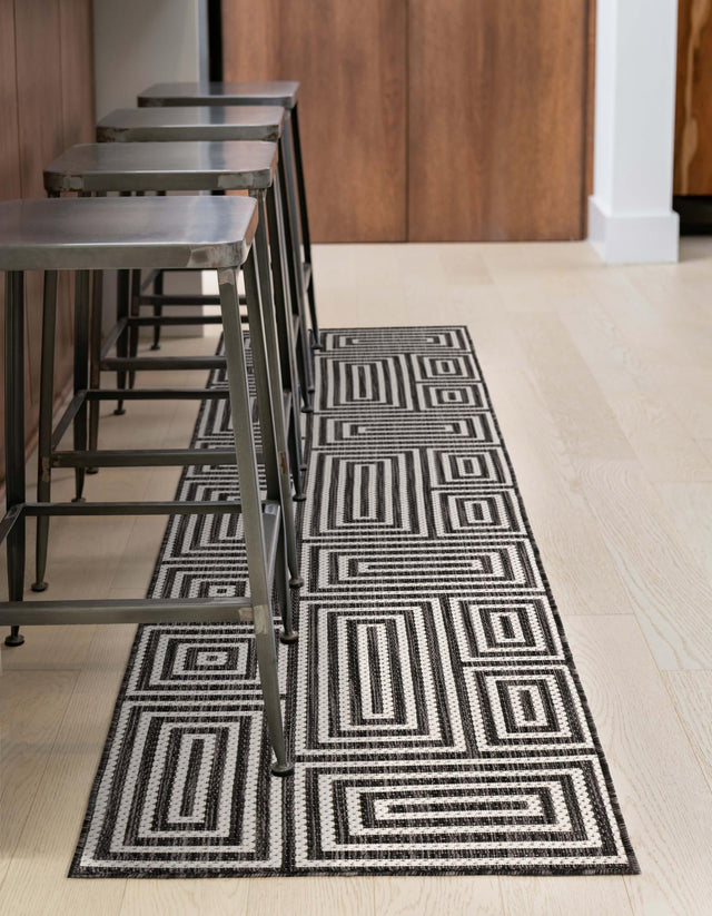 Black and White 2' x 4' 1 Outdoor Modern Runner Area Rug Weather Resistant for Patio, Deck, Terrace, Balcony, Porch 100% Polypropylene Modern Outside Carpet for Sale at Rug Engine