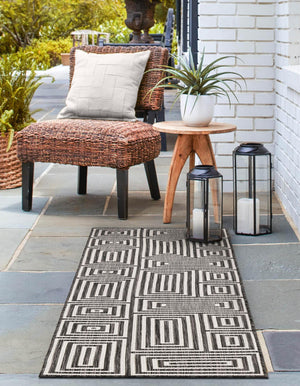 Black and White 2' x 6' 1 Outdoor Modern Runner Area Rug Weather Resistant for Patio, Deck, Terrace, Balcony, Porch 100% Polypropylene Modern Outside Carpet for Sale at Rug Engine