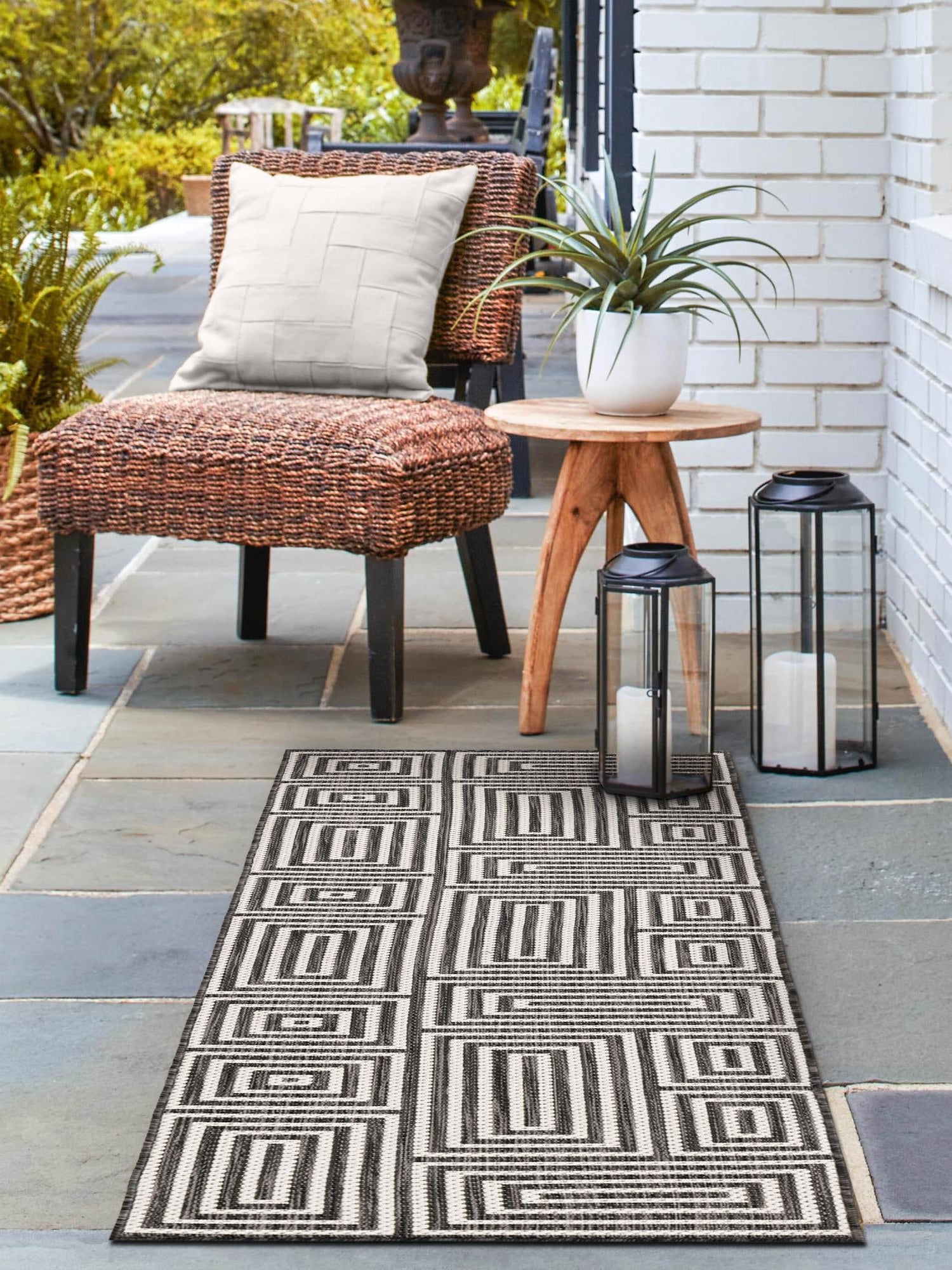 Black and White 2' x 5' 3 Outdoor Modern Runner Area Rug Weather Resistant for Patio, Deck, Terrace, Balcony, Porch 100% Polypropylene Modern Outside Carpet for Sale at Rug Engine