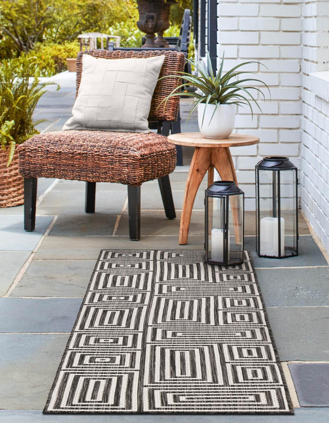 Black and White 2' x 8' Outdoor Modern Runner Area Rug Weather Resistant for Patio, Deck, Terrace, Balcony, Porch 100% Polypropylene Modern Outside Carpet for Sale at Rug Engine