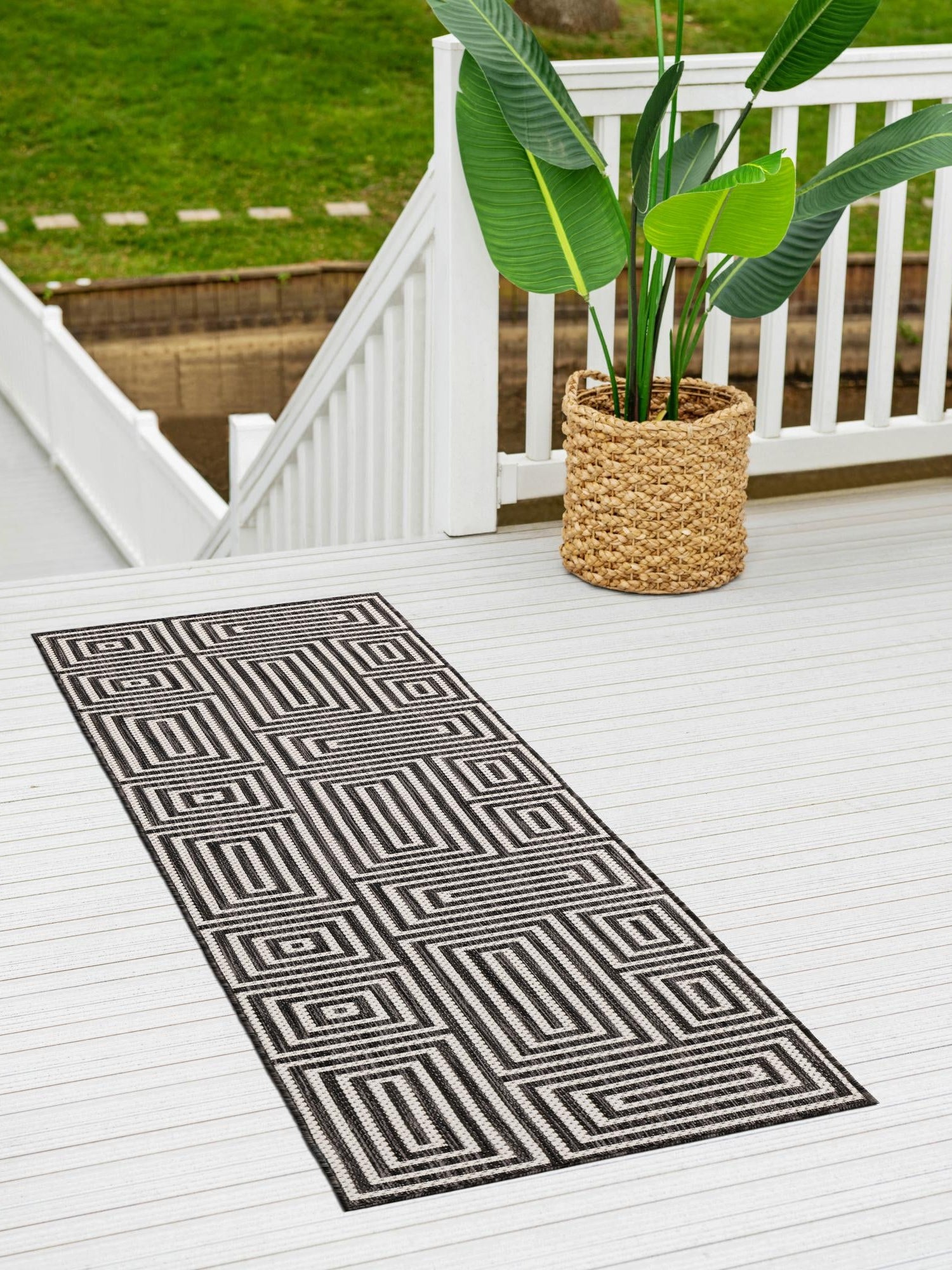 Black and White 2' x 4' 1 Outdoor Modern Runner Area Rug Weather Resistant for Patio, Deck, Terrace, Balcony, Porch 100% Polypropylene Modern Outside Carpet for Sale at Rug Engine