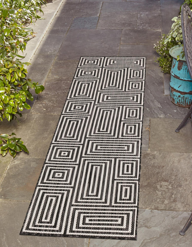 Black and White 2' x 4' 1 Outdoor Modern Runner Area Rug Weather Resistant for Patio, Deck, Terrace, Balcony, Porch 100% Polypropylene Modern Outside Carpet for Sale at Rug Engine